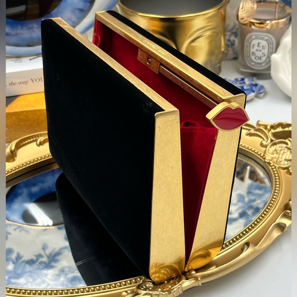 🆕 LULU GUINNESS 🧿 BNWOT Black Velvet Karlie Clutch Bag Lip Closure - Picture 9 of 13